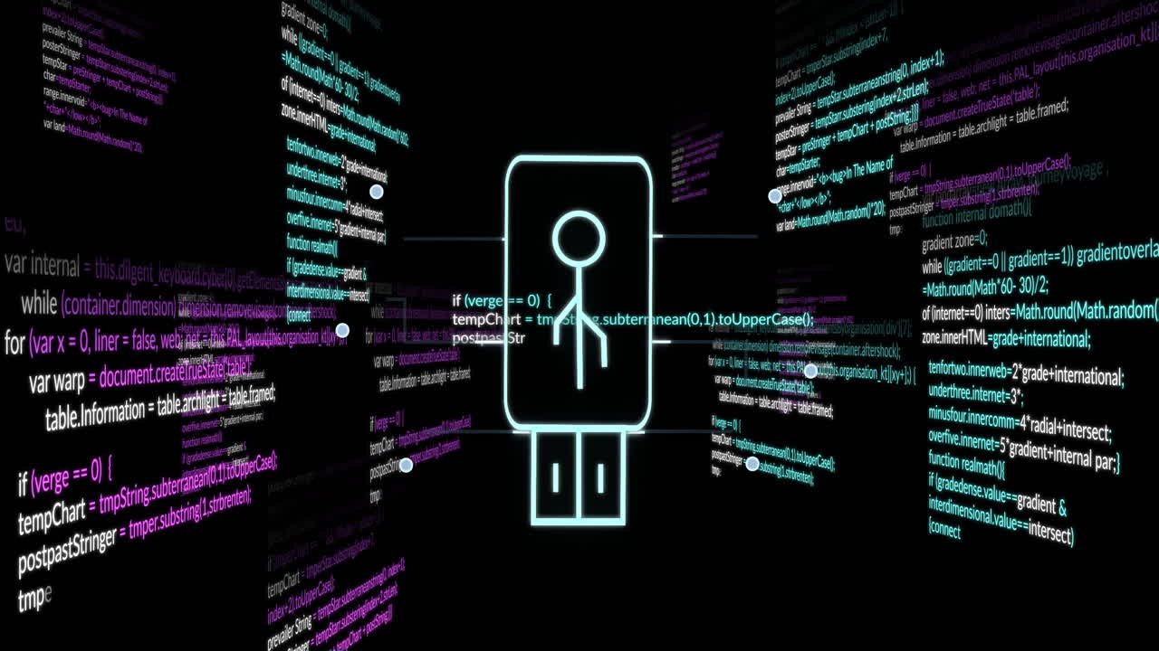 USB stick with keyhole icon showing programming code animation