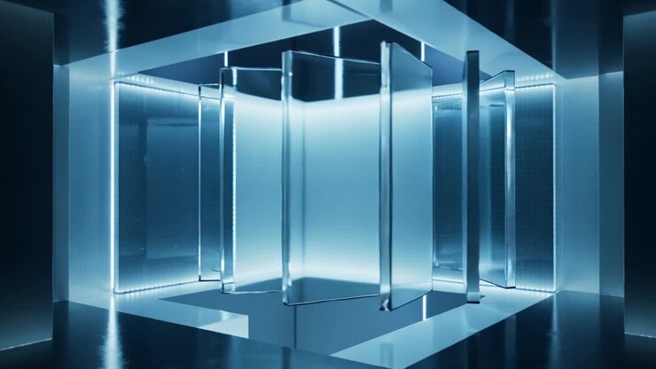 Il segnale avvia la rotazione muovendo pannelli trasparenti all'interno di una galleria, allineandosi con un telaio esagonale e LED ciano.