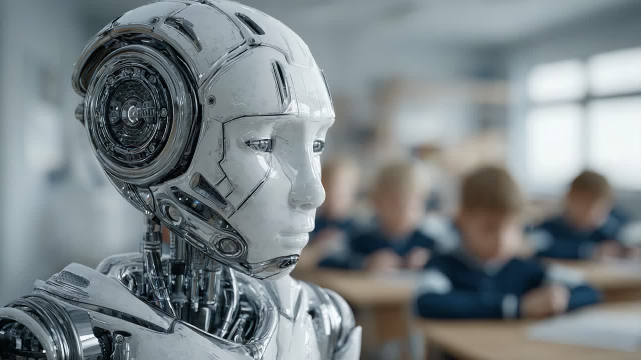 A Futuristic Classroom Scene with a Highly Detailed Robot Engaged in Observation as Students Focus on Their Tasks, Highlighting Technological Advancement in Education