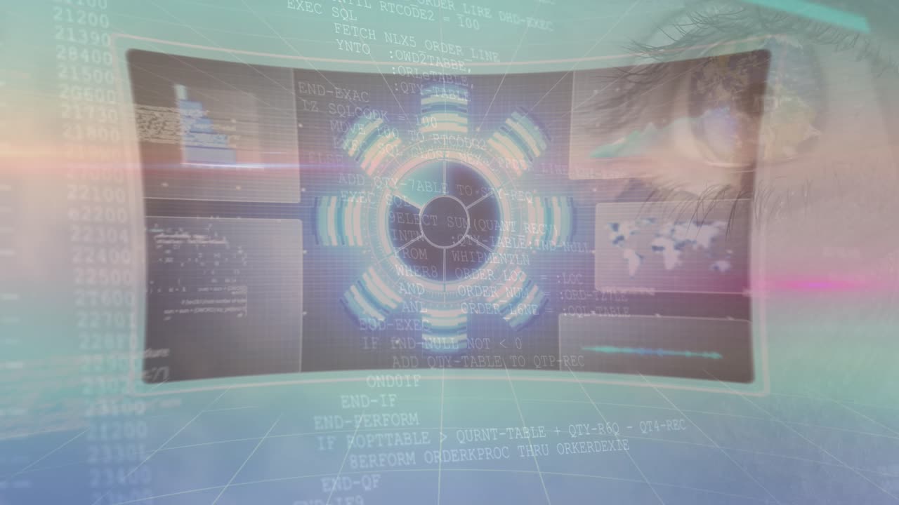 Animation of data processing over woman's blue eye