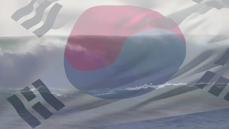 Digitale-Komposition-Der-Wehenden-Südkoreanischen-Flagge-Gegen-Wellen-Im-Meer
