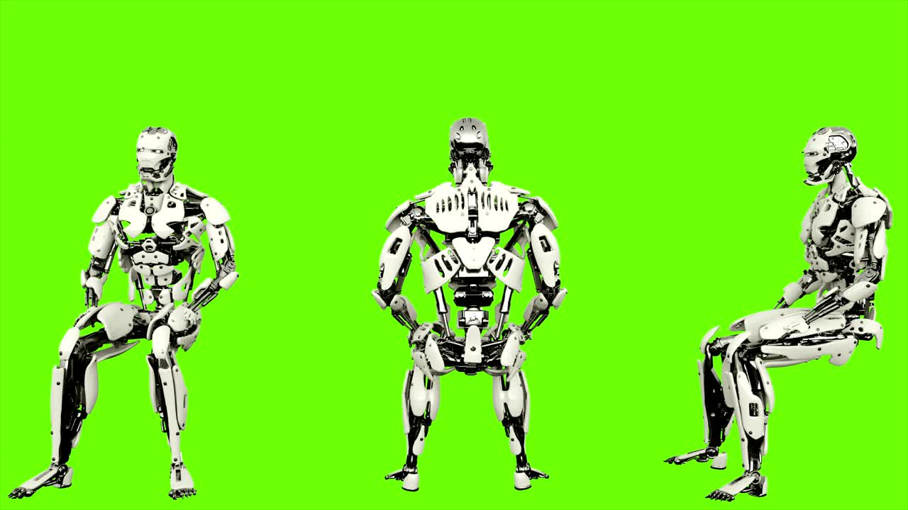Robot android is cheering while sitting. Realistic looped motion on green screen background. 4K
