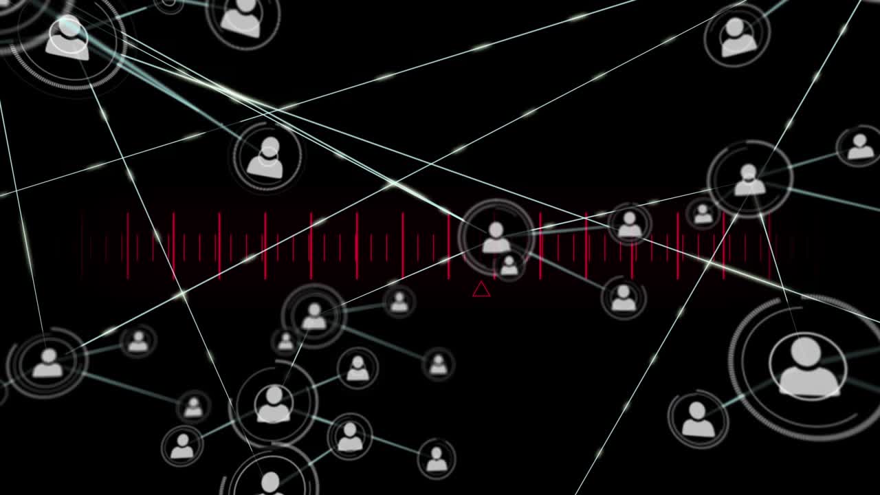 Animation of network of connections with icons over data processing on black background