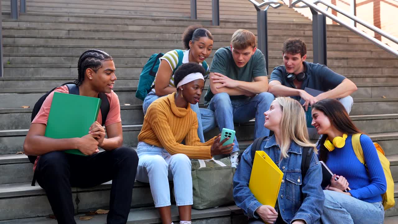 Gruppe med studenter som sitter i trappen og snakker