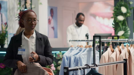 worker restocks luxurious clothing store