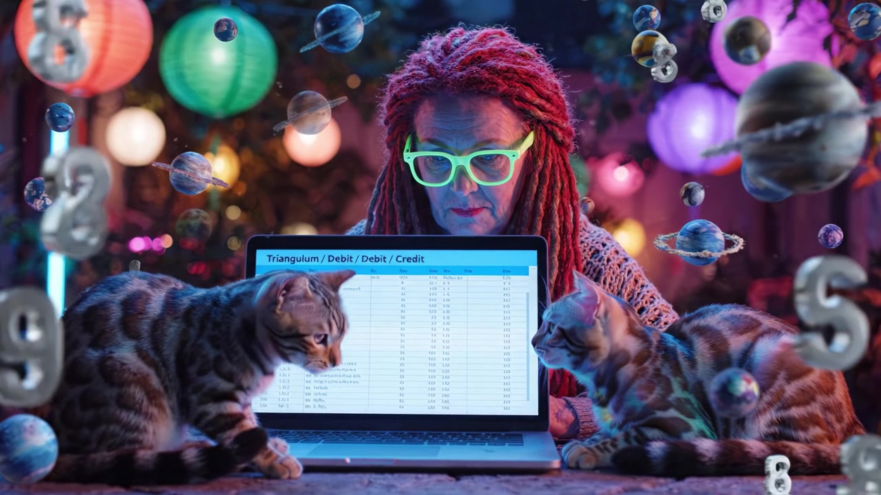 En person med farverigt hår og briller studerer finansielle data på en bærbar computer, mens omgivet af nysgerrige katte og levende glødende lanterner i en finurlig atmosfære.