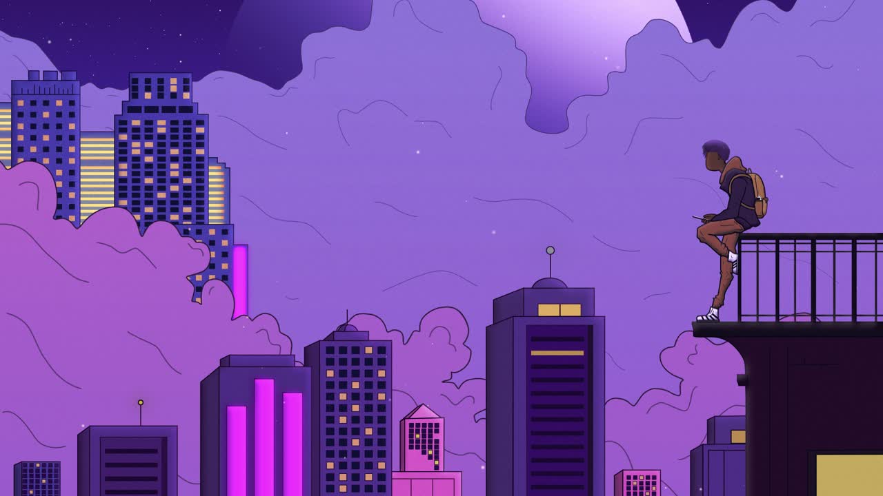2D animation, anime boy looks at his mobile on top of a building. Purple fantasy city in the background. City Lights. Looping animationLofi, vaporwave, anime style