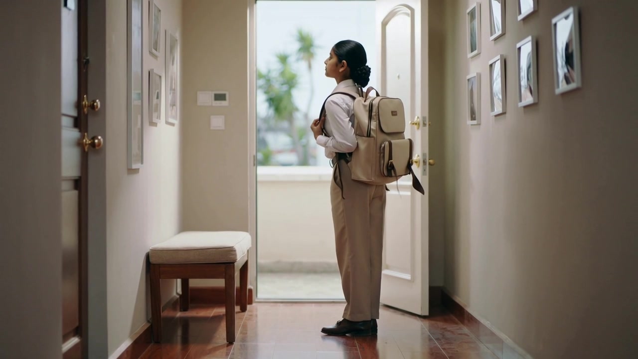 Opening door, pupil adjusting beige backpack in hall wearing white shirt and beige pants