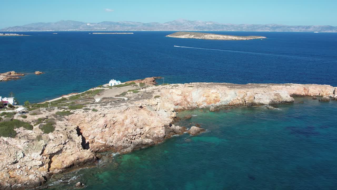 Aerial views from over the coast of Paros, Greece, in the Aegean Sea