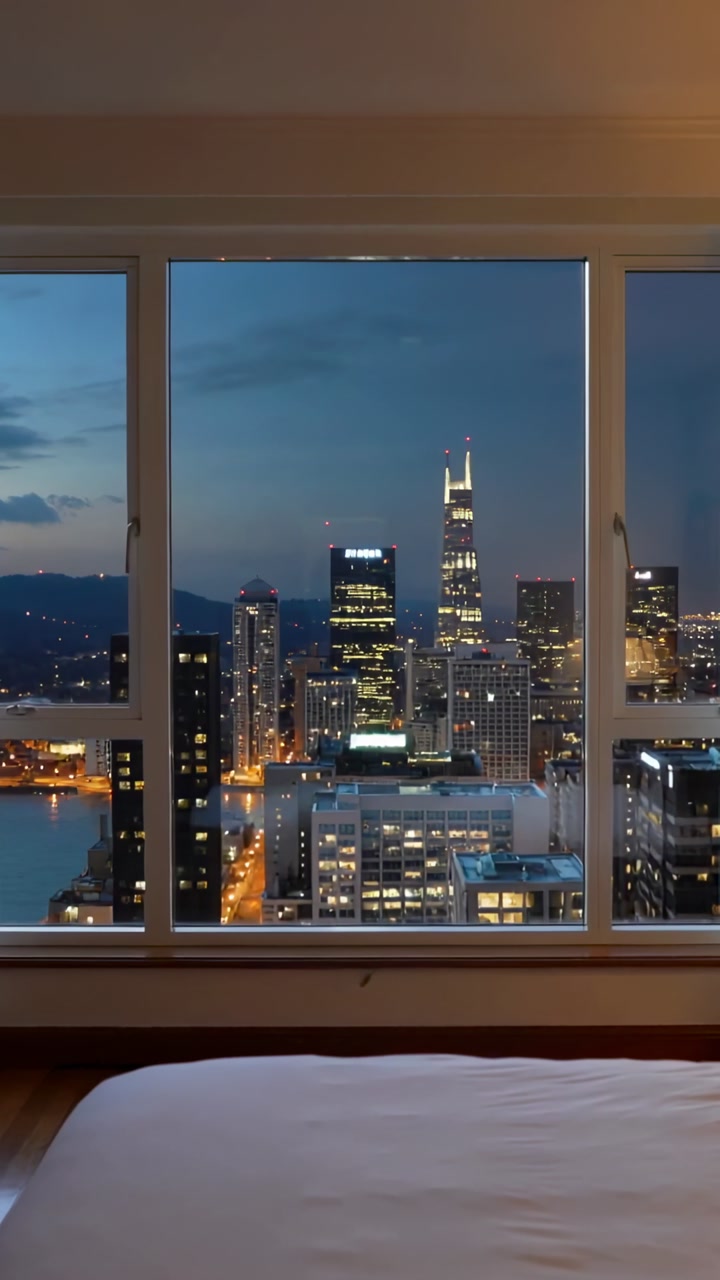 Vertical video: Framing three-panel window with dusk deepening, lit skyscraper and low bed visible