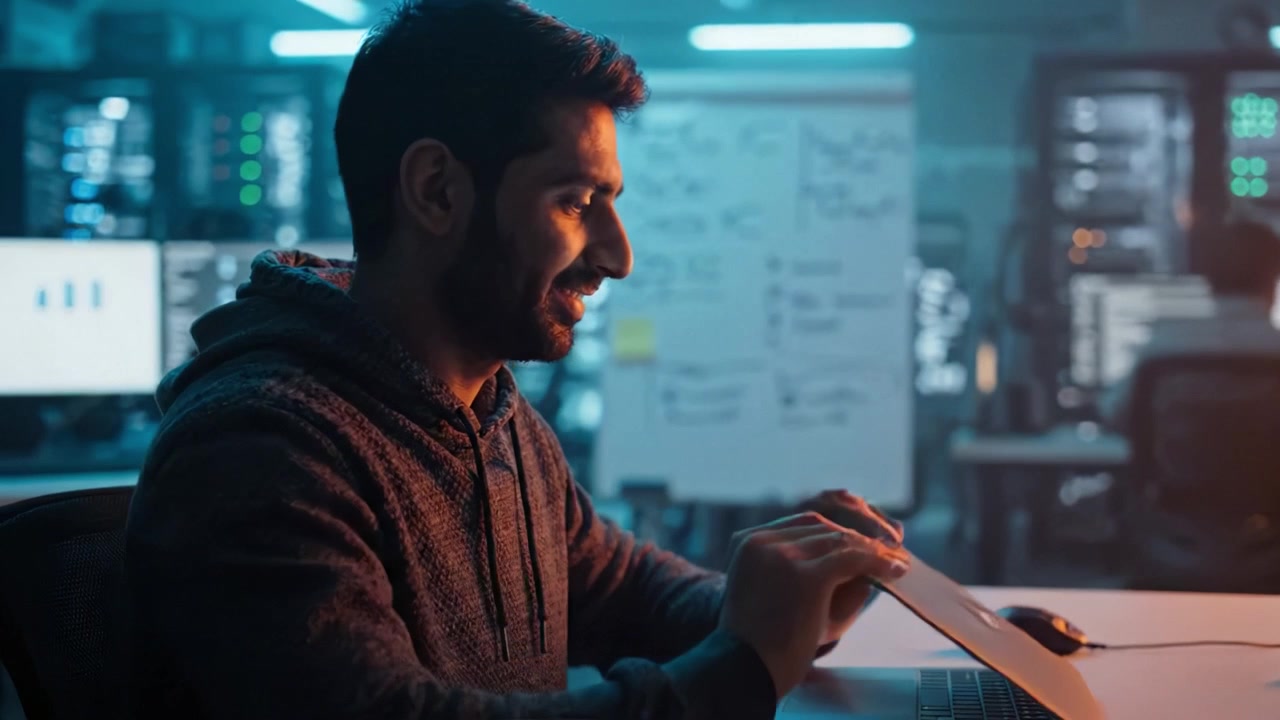 Focused individual analyzing data on a laptop in a high-tech environment, surrounded by multiple screens displaying information, providing insights into analytics.