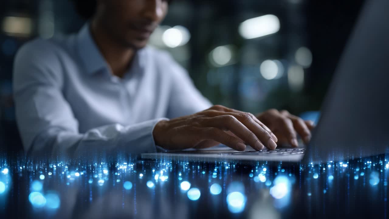 Focused Individual Engaged in Digital Task, Typing on Laptop with Modern Technology Highlights Surrounding, Illustrating Productivity in a Contemporary Environment