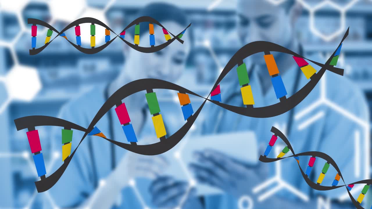 Animation of dna strands over diverse doctors using tablet