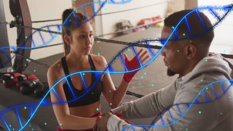 animación de cadenas de adn sobre hombres y mujeres diversos haciendo ejercicio en el gimnasio de boxeo