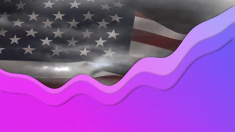 animation of flag of united states of america waving aver purple waves and clouds