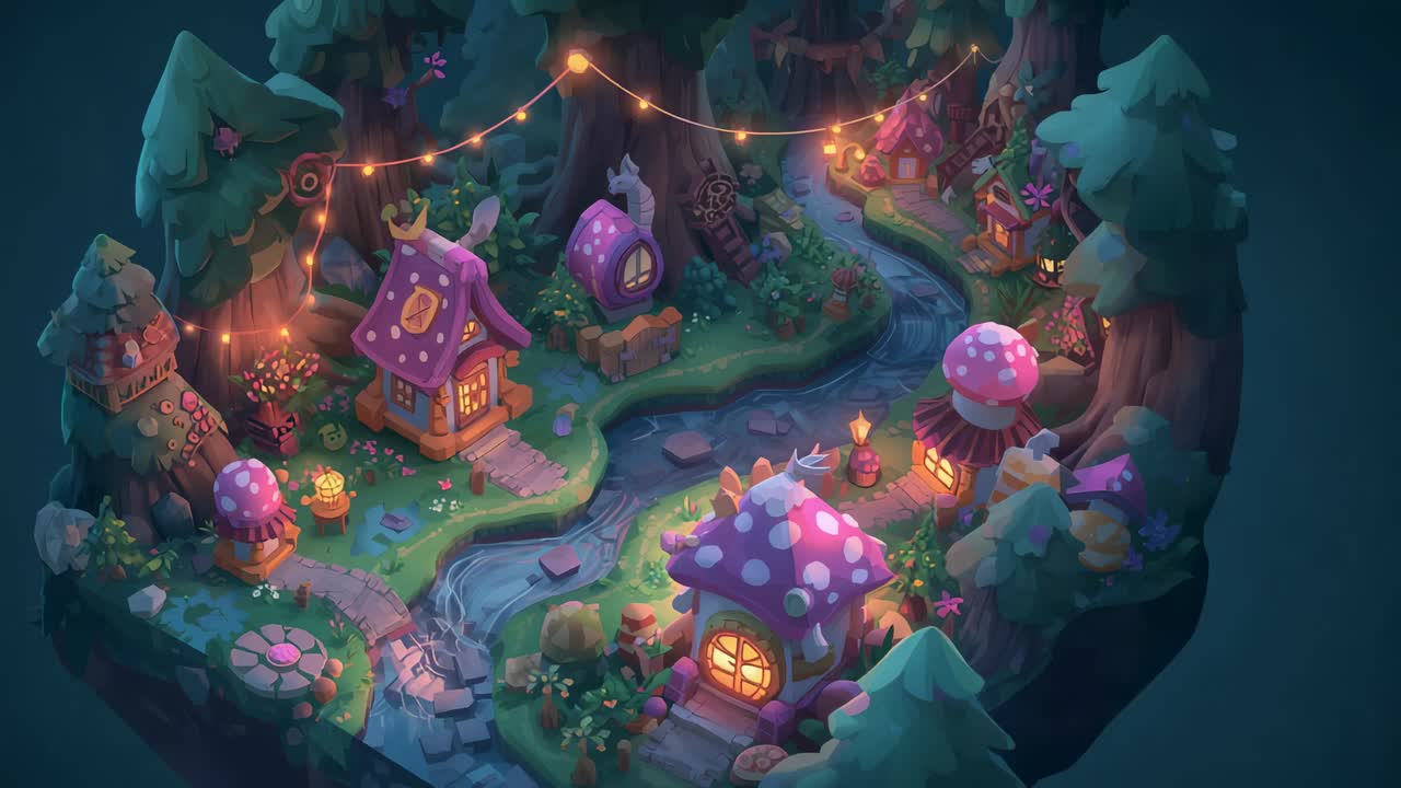 Zoom inicial da câmera, luzes de dioramas pulsando, córrego brilhando, levando a cogumelo, cabana roxa