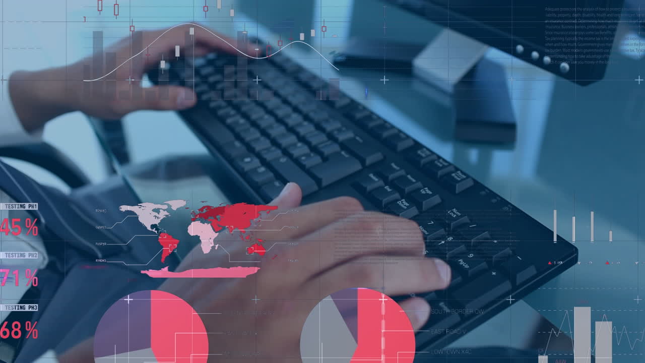 animazione dell'elaborazione dei dati su un uomo afroamericano che scrive sulla tastiera