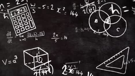 Mehrere-Mathematische-Konzeptsymbole-Und-Mathematische-Gleichungen-Schweben-Vor-Der-Tafel-Im-Hintergrund