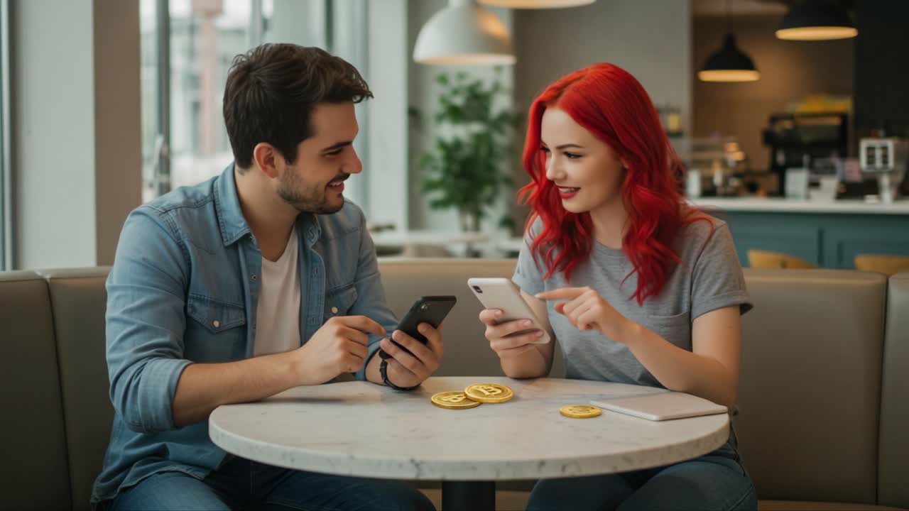 Engaged in Digital Connection: A Young Couple Enjoying Their Mobile Devices and Sharing Quality Moments Over Coffee in a Modern Cafe Setting