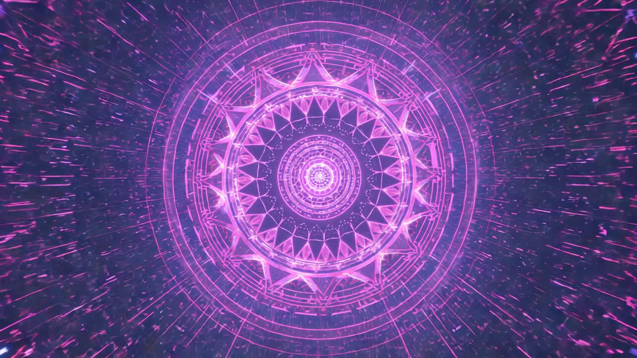 Sequence opening pink mandala expanding and rotating in dark void, with particle streams