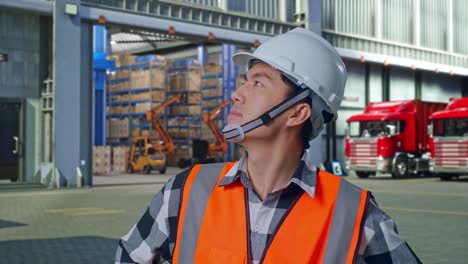 close up of asian male engineer wearing safety helmet looking around while standing with arms akimbo , outside of logistics distributions warehouse