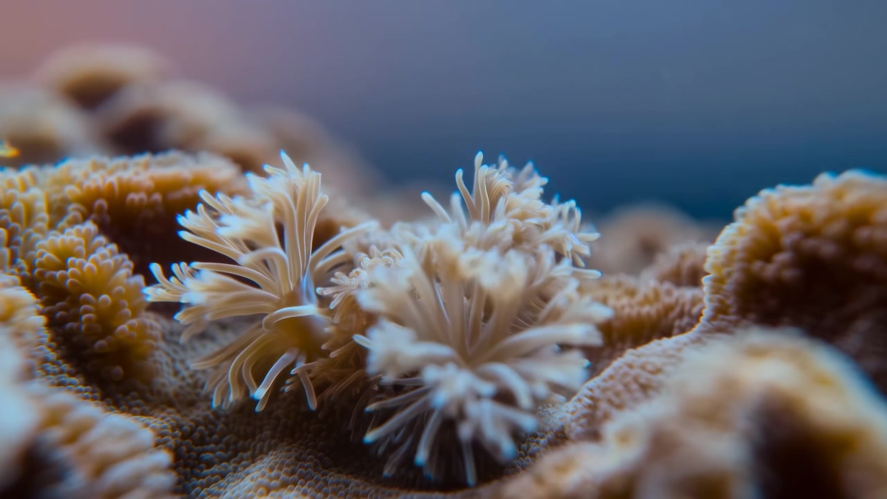 Scena subacquea strettamente inquadrata che mostra polipi di corallo o anemoni di mare raggruppati sulla superficie della barriera corallina con texture color crema, beige e arancione, su uno sfondo blu sfocato e morbido e una luce naturale delicata.