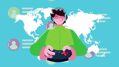 young man gamer with control and earth planet