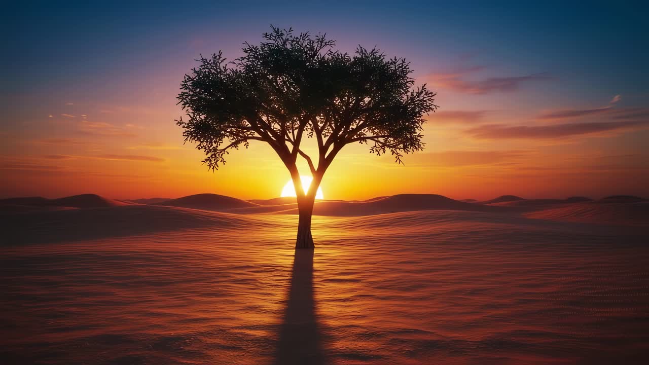 A magnificent tree stands tall, its silhouette framed by a stunningly vibrant sunset, set in a peaceful desert landscape