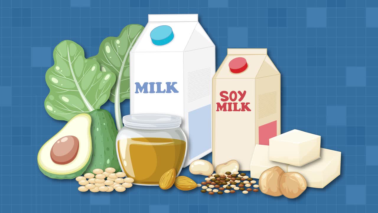 Plant-based foods and beverages appear sequentially, highlighting vegan diet essentials with smooth transitions