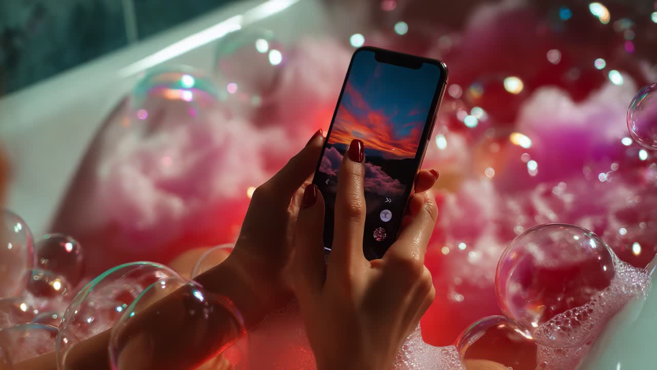 Cielo serale incantevole riflesso sullo schermo di uno smartphone mentre ti rilassi in una lussuosa vasca idromassaggio con bolle colorate, creando un'atmosfera serena e sognante