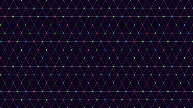 Abstrakt teknologibaggrund med gentagne trekantede net, neonprikker og forbindelseslinjer på en mørk overflade, et sømløst mønster til data, AI og digitalt design.