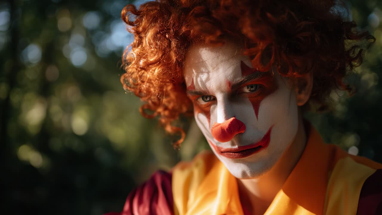 Un ritratto accattivante di un clown con capelli vivaci e trucco espressivo, che evoca emozioni di curiosità e interesse in un ambiente esterno rigoglioso
