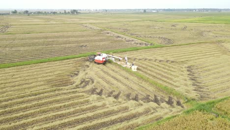 aerial drone shot of combine harvester offloading  grain