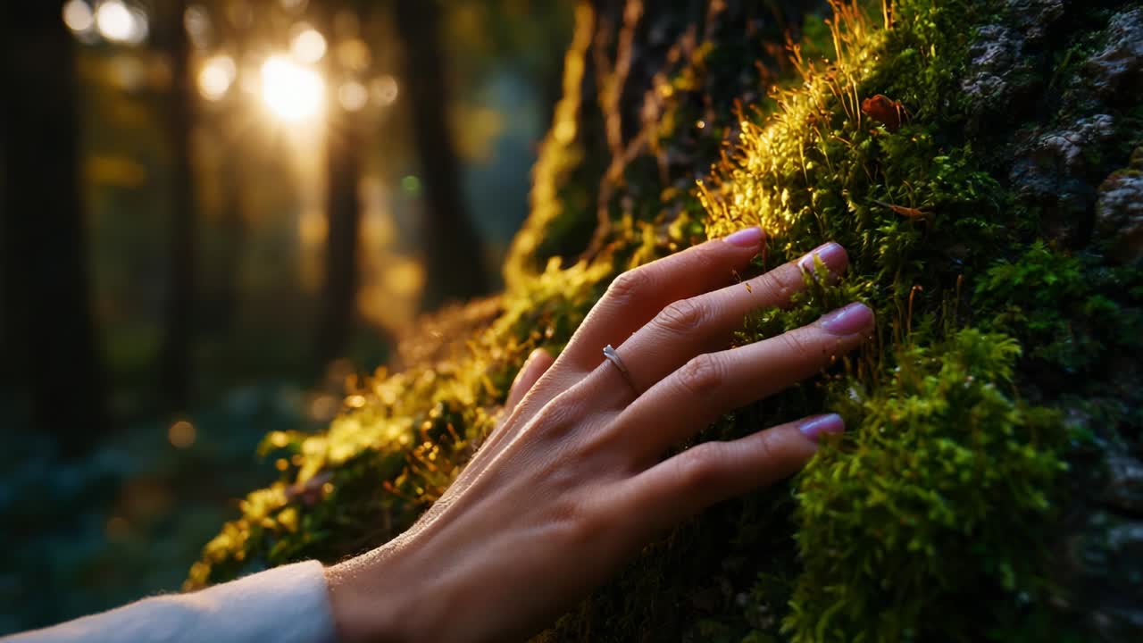 A Gentle Touch: Exploring Nature's Beauty in the Forest as the Sunlight Dances Through Leaves and Illuminates Soft Green Moss, Highlighting the Tranquility and Connection with the Environment