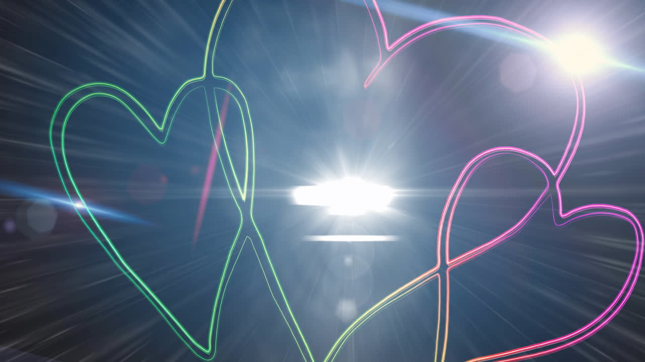 어두운 배경을 배경으로 네온 심장을 배경으로 밝은 빛의 반점의 디지털 애니메이션