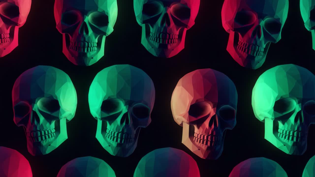A Vibrant Display of Geometric Skull Patterns in Striking Neon Colors Captivating the Eye with a Bold and Unusual Aesthetic Representation