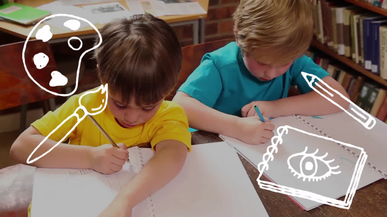 animación de objetos escolares iconos sobre escolares caucásicos dibujando en el aula