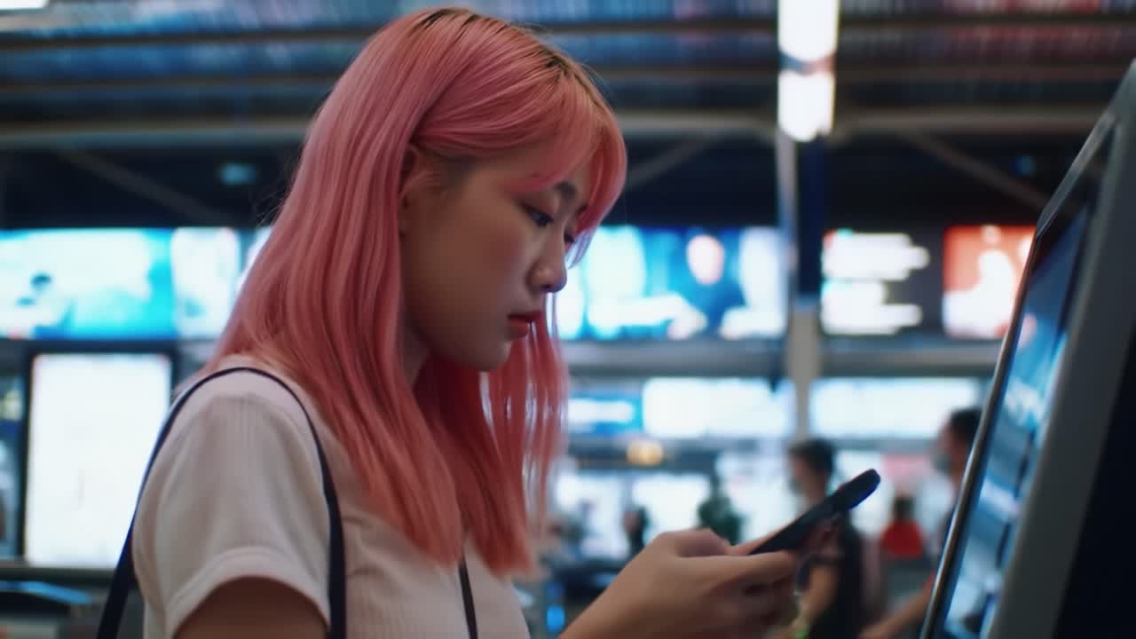 Young Woman with Pink Hair Engaged in Mobile Activity at a Busy Station Environment, Surrounded by Digital Displays and Travelers in Motion