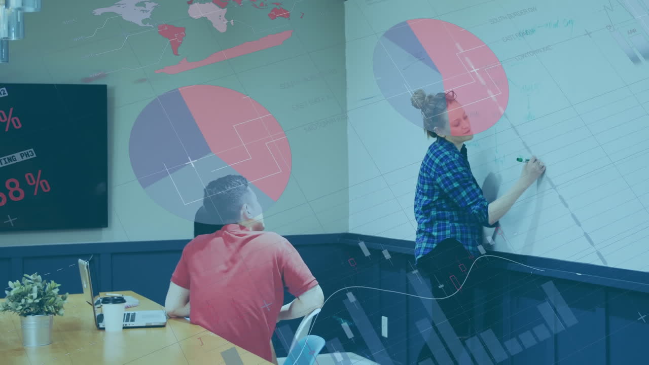 animación de la interfaz infográfica sobre una mujer caucásica explicando planes a un compañero de trabajo masculino.