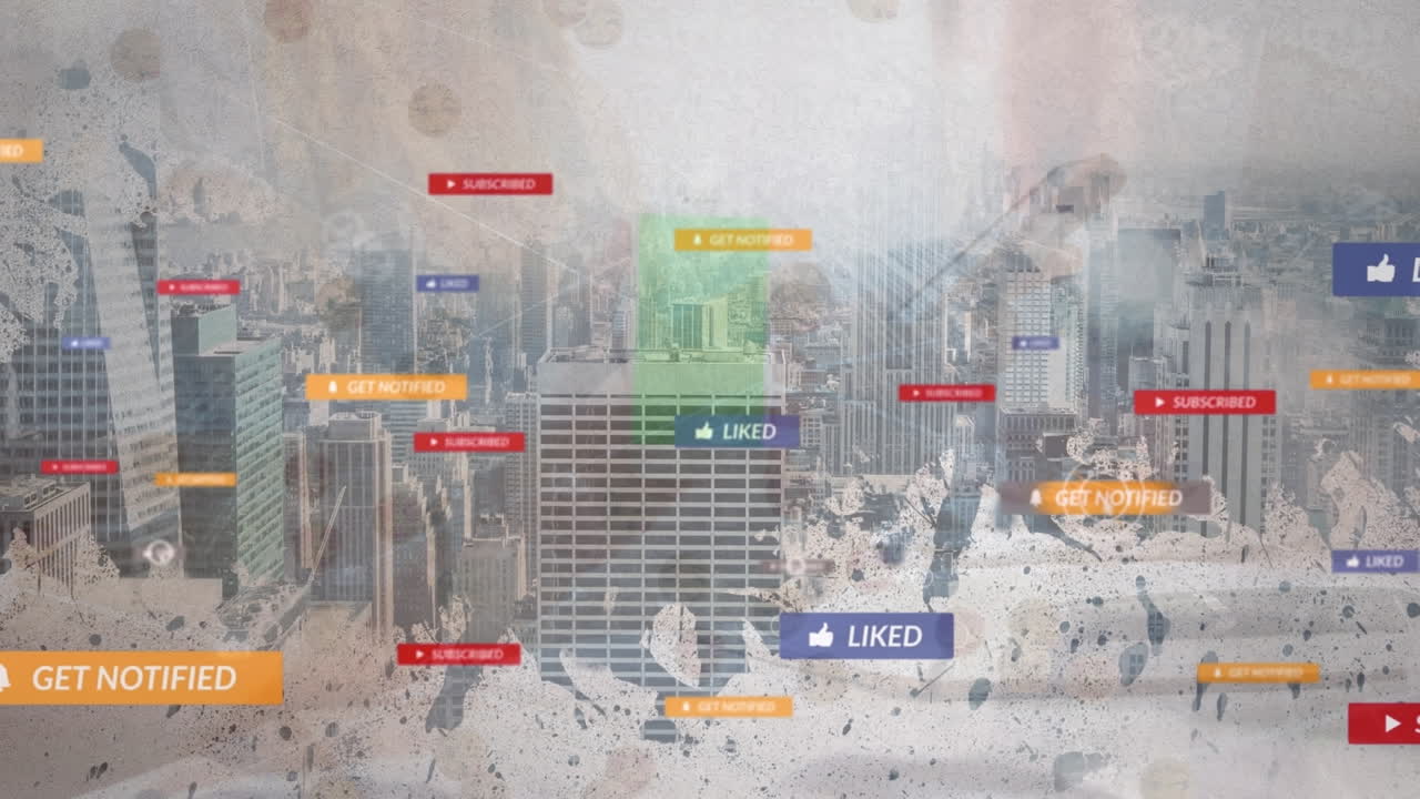 도시 풍경 위의 미디어 아이콘과 연결 네트워크의 애니메이션