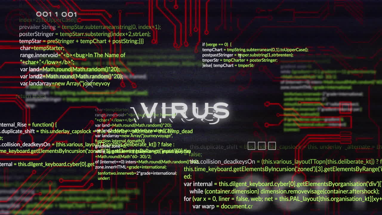 Animation of computer virus warning with code and circuitry overlay on screen