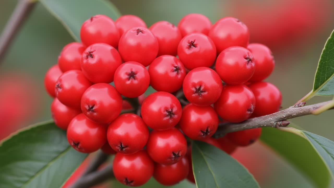 A close-up view of a cluster of vibrant red berries, showcasing their glossy appearance and unique star-shaped designs, set against a blurred green backdrop