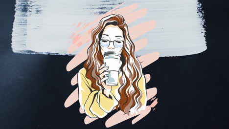 animation of caucasian woman drinking takeaway coffee over white paint brushstroke on black