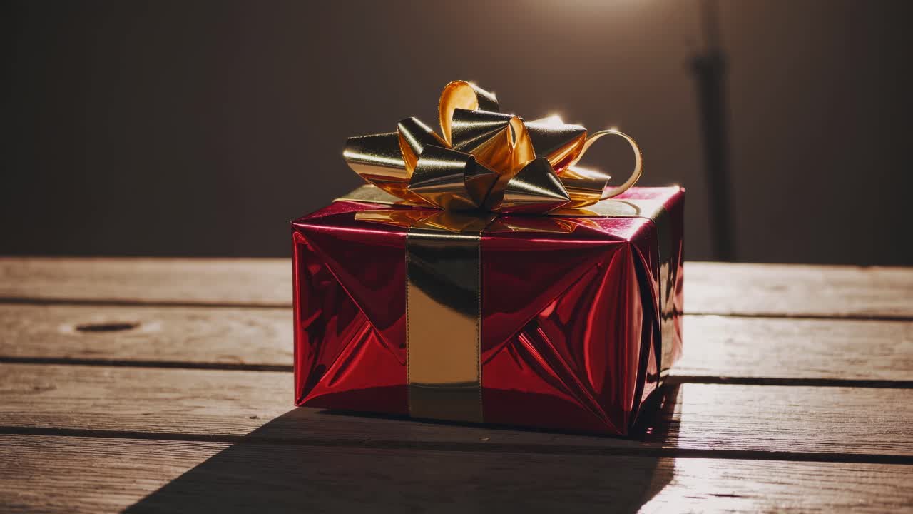 Una ripresa ravvicinata e dal basso di una scatola regalo rossa lucida con un fiocco dorato su un tavolo di legno.
