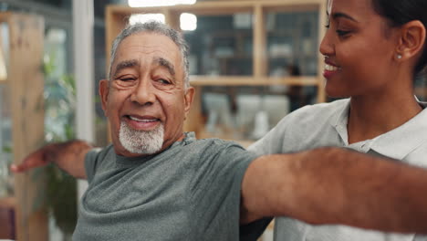 senior man, physiotherapy and stretching arms