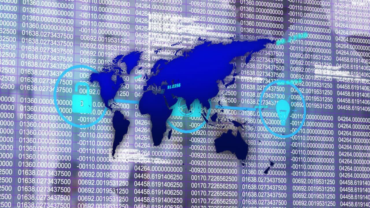 Cybersecurity analysts examining map interface with data, highlighting padlock, phone, lightbulb
