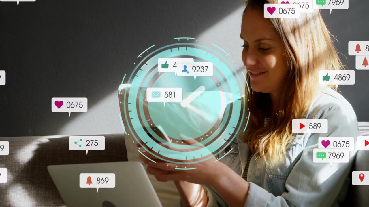 Woman tapping phone, HUD appearing as badges growing and drifting across view, showing activity