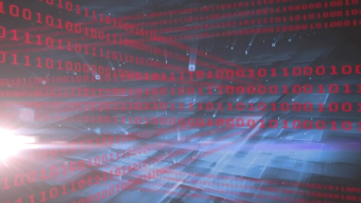 Animation of data processing and binary coding on blue background