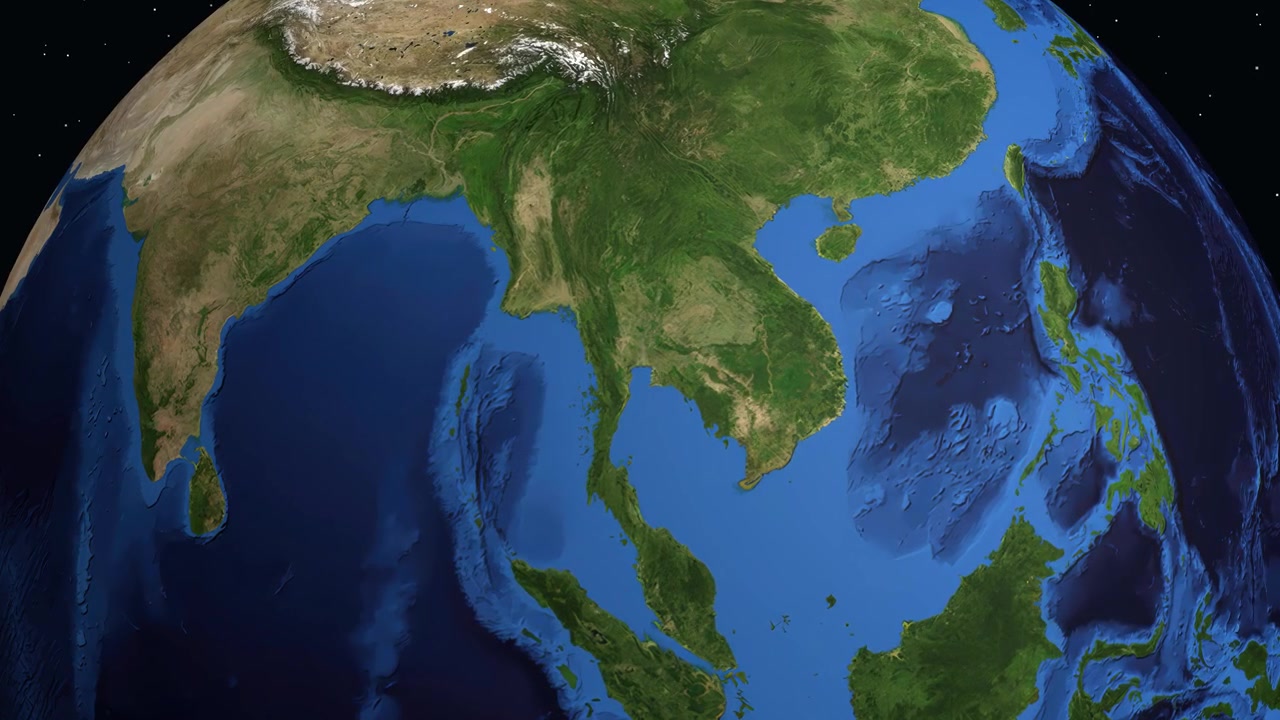 Animazione digitale che ingrandisce dallo spazio su Bangkok, Thailandia, con etichette di testo e indicatori di coordinate