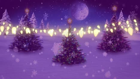 Hängende-Lichtdekorationen-Vor-Dem-Schnee,-Der-über-Weihnachtsbäume-In-Der-Winterlandschaft-Fällt
